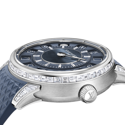 Tambour Spin Time, Automatic, 39.5mm, White gold, Hawk's eye and diamonds in Watches's All Watches } collections by Louis Vuitton (Product zoom)