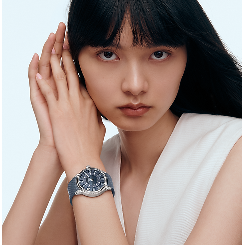 Tambour Spin Time, Automatic, 39.5mm, White gold, Hawk's eye and diamonds in Watches's All Watches } collections by Louis Vuitton (Product zoom)