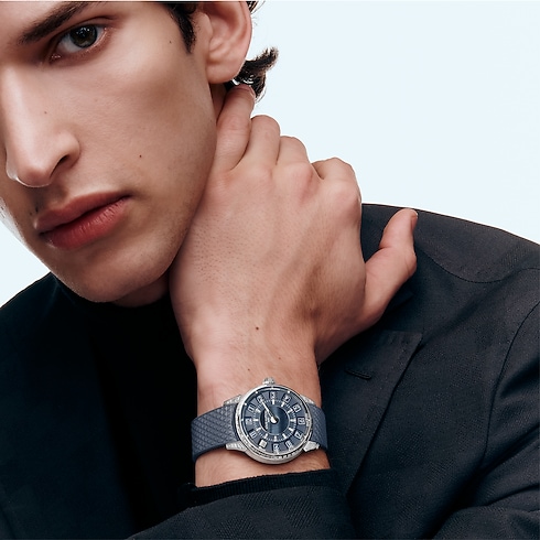 Tambour Spin Time, Automatic, 39.5mm, White gold, Hawk's eye and diamonds in Watches's All Watches } collections by Louis Vuitton (Product zoom)