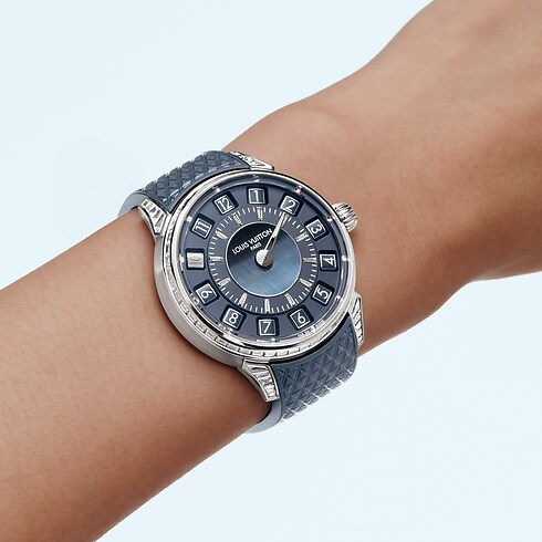 Tambour Spin Time, Automatic, 39.5mm, White gold, Hawk's eye and diamonds in Watches's All Watches } collections by Louis Vuitton (Product zoom)