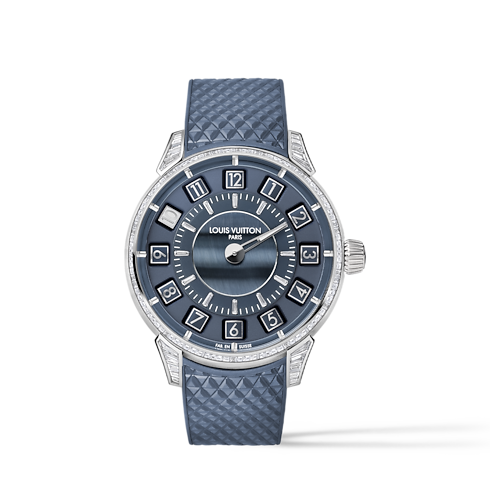 Tambour Spin Time, Automatic, 39.5mm, White gold, Hawk's eye and diamonds in Watches's All Watches } collections by Louis Vuitton (Product zoom)