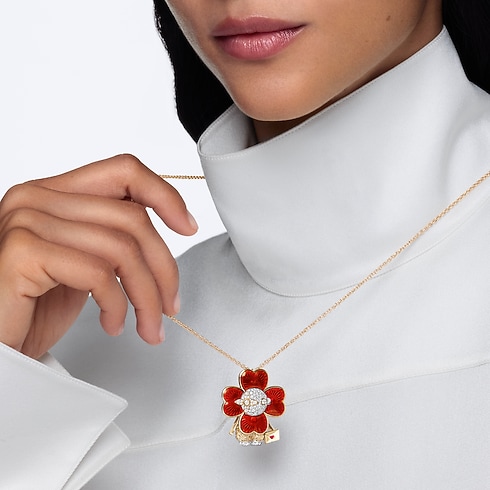 Vivienne Heart Pendant, White Gold, Yellow Gold, Enamel, Lacquer and Diamonds worn view